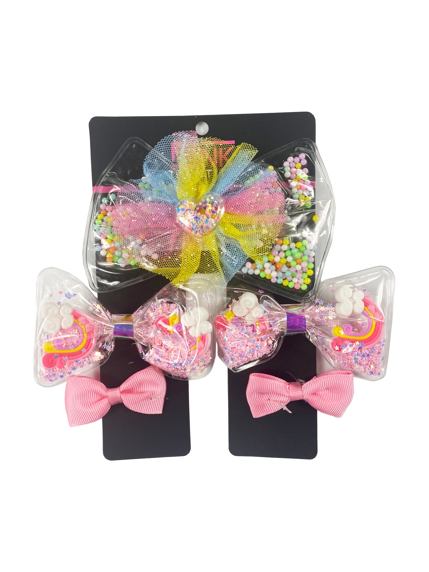 5 PIECE TRANSLUCENT  RAINBOW GLITTER BOW SET