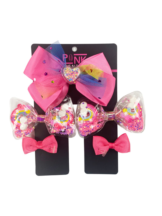 5 PIECE TRANSLUCENT HEART RAINBOW GLITTER BOW SET (LT PINK)