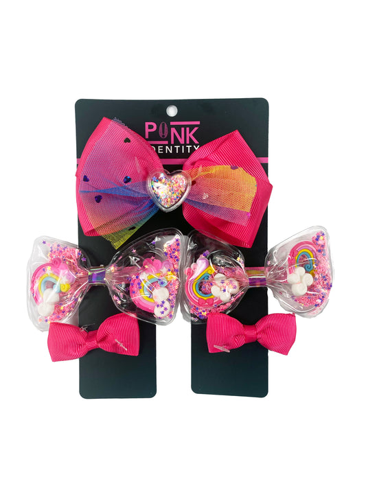 5 PIECE TRANSLUCENT HEART RAINBOW CONFETTI BOW SET(HOT PINK)